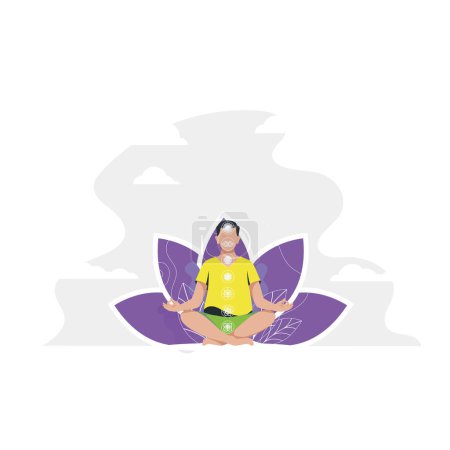 Téléchargez les illustrations : Jeune homme pratiquant le yoga et la méditation avec sept chakra, fond de symbole de pétales de lotus, pour bannière de yoga et illustration de site Web - en licence libre de droit