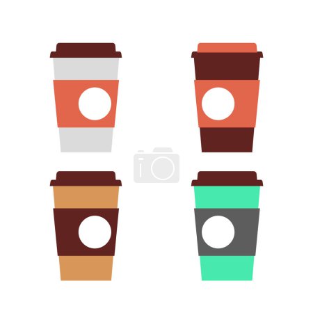 Téléchargez les illustrations : Set vectoriel illustration tasse de café sur fond blanc. Coffret tasse en papier café avec étiquette, tasse colorée - en licence libre de droit