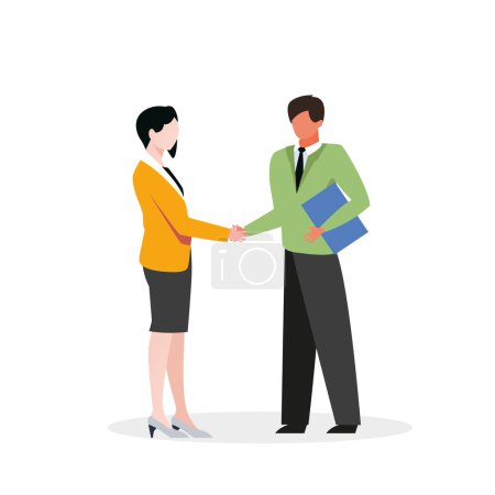Illustration for Business man and woman shaking hands over contract, people reaching agreement, holding signed letter set. Partners successfully close the deal. Partnership. Flat vector illustration - Royalty Free Image