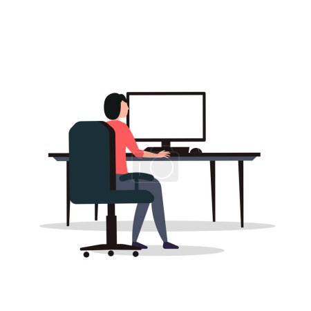 Téléchargez les illustrations : Femme travaillant sur ordinateur, modèle d'écran vierge d'ordinateur, tout en étant assis au bureau, concept d'entreprise. Illustration vectorielle de style plat isolée sur fond blanc. - en licence libre de droit