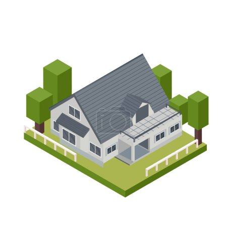 Illustration for Modern Isometric house, private house and clean yard. modern country smart home. suburban building. - Royalty Free Image