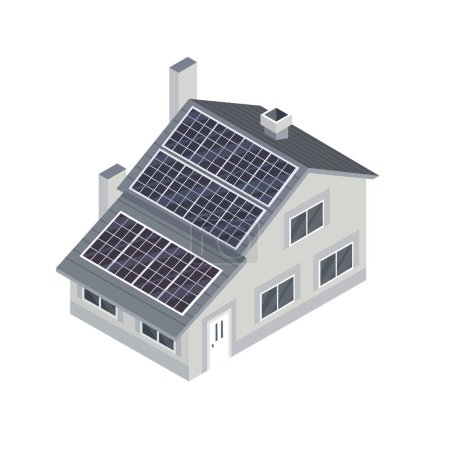 Illustration for Modern Luxury Isometric Green Eco Friendly House With Solar Panel, smart house, Residence family house building vector 3d illustration. - Royalty Free Image