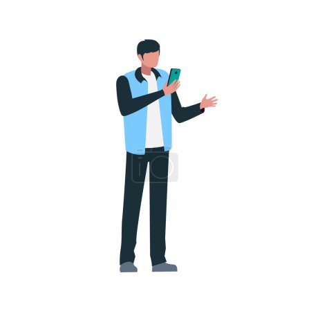 Téléchargez les illustrations : Un homme tenant un smartphone dans sa main. Communication et réseaux sociaux. Accro aux gadgets. homme d'affaires avec téléphone, illustration vectorielle dans un style plat - en licence libre de droit
