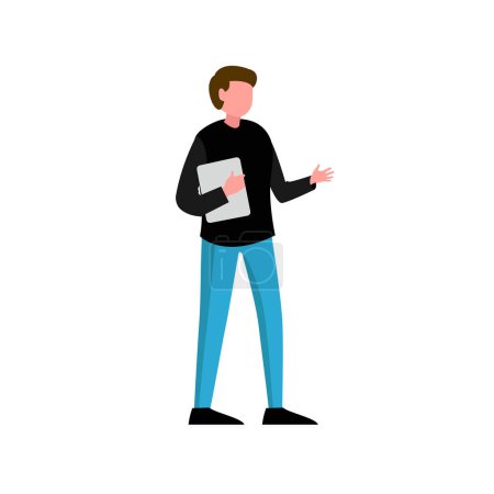 Ilustración de Hombre de pie con laptop, trabajando y presentando gestos, acciones y poses. Diseño de carácter vectorial - Imagen libre de derechos