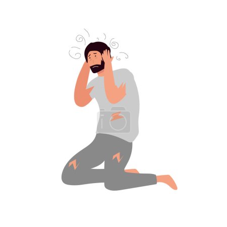 Téléchargez les illustrations : Illustration vectorielle plate de l'homme en pleurs bouleversé assis et étreignant sa tête. gribouillis de dessins animés sur la tête, problèmes de santé mentale - en licence libre de droit