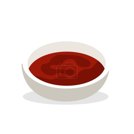 Téléchargez les illustrations : Assiette vectorielle avec collation épicée chili chaud à la tomate. Partie sauce-bateau, rattrapage barbecue. Condiment alimentaire, assaisonnement, sauce aigre-douce sur assiette, ketchup de tomates salsa dans des icônes vectorielles bol. - en licence libre de droit
