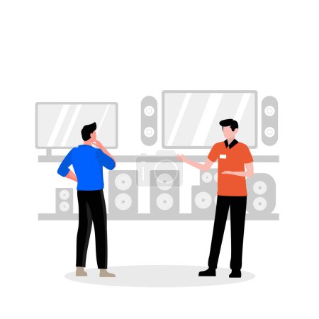 Illustration for Seller consultant in the consumer electronics store shows a new TV to young man. Buyers purchase equipment electronic. Vector illustration in flat style - Royalty Free Image