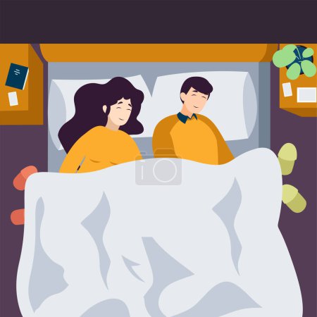 Illustration for Man and woman sleeping in the bed. Night, young couple lying in bed , Vector flat illustration - Royalty Free Image