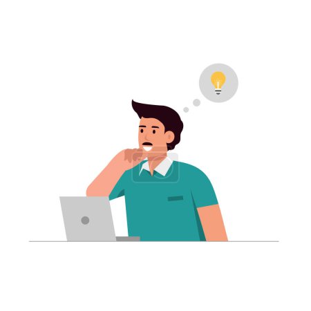 Illustration for Man thinking with great idea vector illustration. Smart man have insight and discussing plan on laptop flat style. Startup, inspiration and creativity concept. - Royalty Free Image