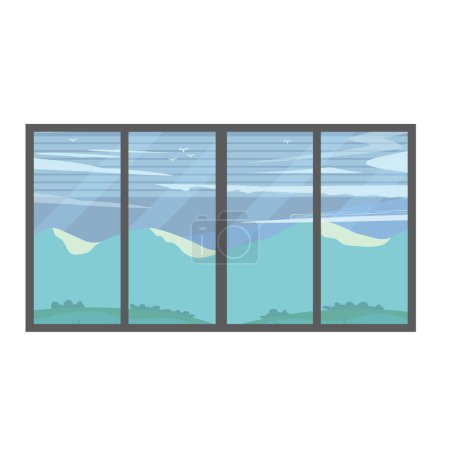 Illustration for Vector illustration of a window. flat window view of a green landscape with mountain and trees. Forest landscape outside the window. Home comfort. Vector illustration in a flat style. - Royalty Free Image