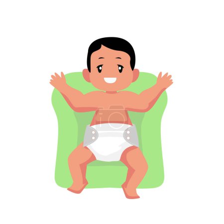 Ilustración de Bebé en una cama ilustración vector de color azul. Vista superior del personaje de dibujos animados aislado recién nacido sobre fondo blanco - Imagen libre de derechos