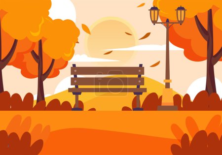 Téléchargez les illustrations : Paysage d'automne, arbres à feuilles caduques à feuilles orange, banc solitaire pour contemplation de la nature automnale, illustrations vectorielles plates - en licence libre de droit