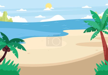 Téléchargez les illustrations : Paysage tropical de plage avec cocotier. Appartement de vacances d'été concept vectoriel - en licence libre de droit