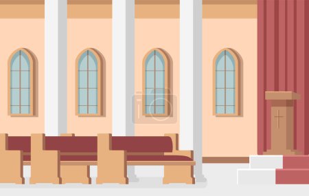 Illustration for Catholic church interior with altar, wooden benches, tall arch window. cathedral inside, for religious praying with pulpit for priest. flat vector illustrations - Royalty Free Image