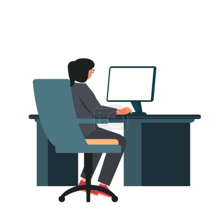 Téléchargez les illustrations : Femme travaillant sur le bureau à son lieu de travail. Concept de femme d'affaires, illustration vectorielle moderne. - en licence libre de droit