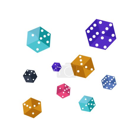 Ilustración de Juego de iconos auténtico de dados de casino vectorial. Cubos de Poker rojos, amarillos, verdes, azules y púrpuras aislados sobre fondo blanco. - Imagen libre de derechos