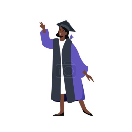 Ilustración de Mujer graduada feliz vistiendo vestido académico, vestido o bata y gorra de graduación, celebrando la graduación universitaria. ilustración plana vector de dibujos animados. - Imagen libre de derechos