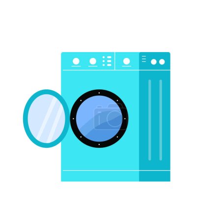 Téléchargez les illustrations : Machine à laver chargée de couleur bleue, concept de tâches ménagères. Matériel de blanchisserie électronique pour l'entretien ménager. - en licence libre de droit