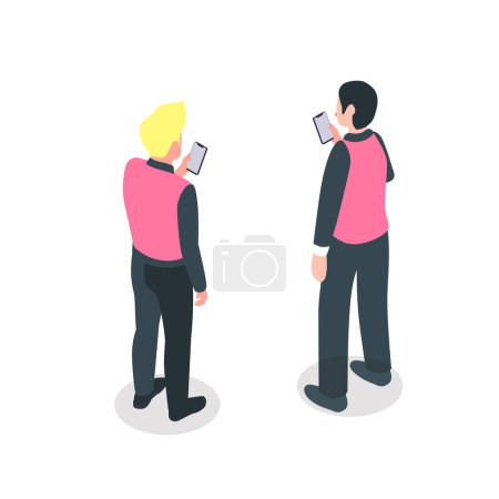 Illustration for Isometric business people characters using phone. isometric male persons. Businessmen. back view, vector 3d illustrations - Royalty Free Image