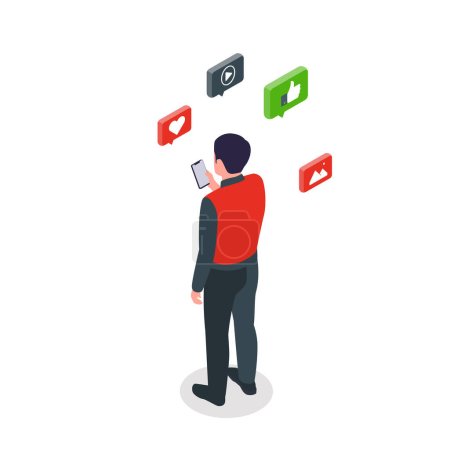 Illustration for Isometric business people characters using phone. isometric male persons. Businessman. back view, vector 3d illustrations - Royalty Free Image