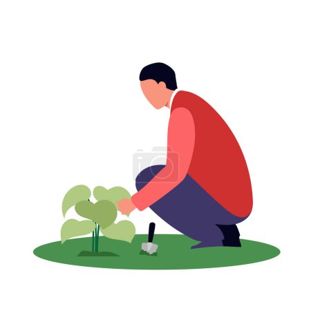 Illustration for Young man who plants flowers with shovel, making environment better, vector flat illustrations - Royalty Free Image