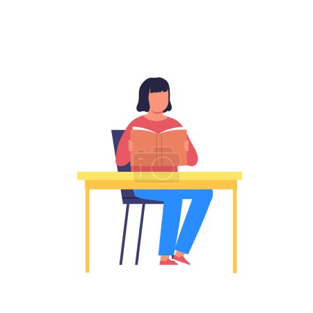 Illustration for Schoolgirl Sitting at Desk reading in Notebook during Lesson. Student in School Classroom, Back to School, Primary Education Concept. flat Vector Illustration - Royalty Free Image