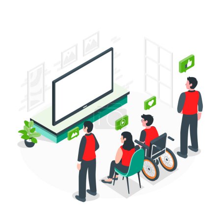Illustration for Streaming TV isometric vector illustration. People watch TV in room, vector 3D - Royalty Free Image