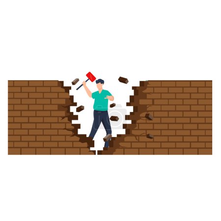 Ilustración de Hombre sosteniendo el martillo. hombre de negocios superpotencia crack o romper la pared. vector ilustraciones planas - Imagen libre de derechos