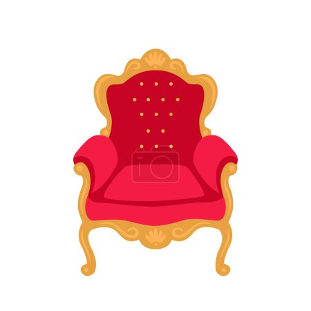 Téléchargez les illustrations : Chaise rouge antique de luxe. Le trône royal est doré, vieux mobilier exclusif sculpté à partir d'icônes de matériaux coûteux. illustration vectorielle isolée sur fond blanc. - en licence libre de droit