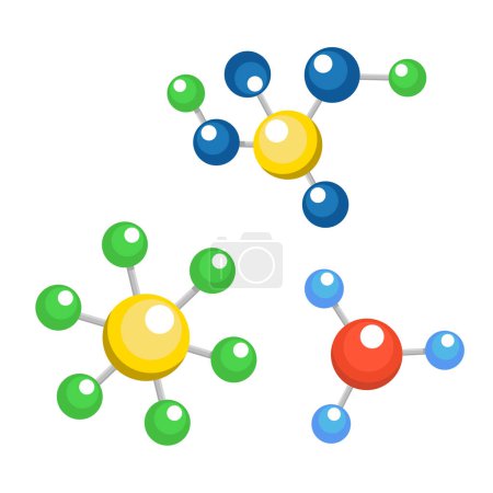 Téléchargez les illustrations : Molécules connectées. Modèle de connexion moléculaire, particules chimiques et structure moléculaire de couleur. diagramme de connexion dna, molécules d'interaction. Symboles isolés vecteur plat - en licence libre de droit