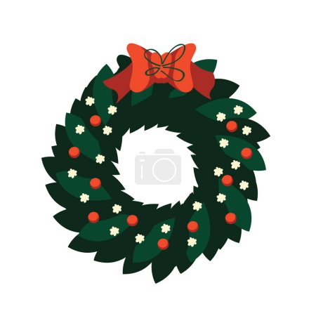 Téléchargez les illustrations : Illustration de couronne de Noël avec icône arc rouge dans un style plat. Fête du Nouvel An en décembre - en licence libre de droit