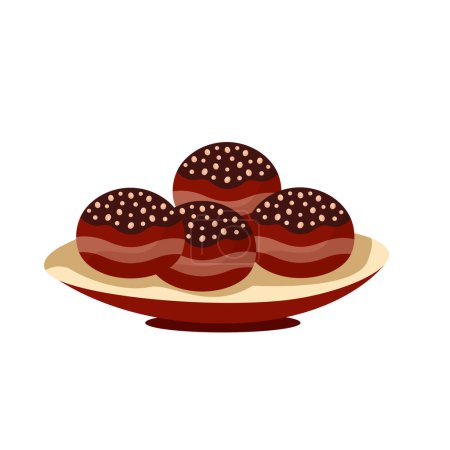 Ilustración de Pan de repostería en plato, grano entero y centeno, comida de panadería, bollo para hamburguesa. hornear con sésamo. Ilustración vectorial - Imagen libre de derechos