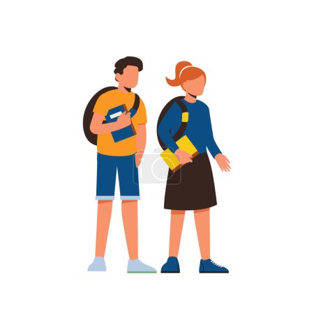 Illustration for School boy and girl, Little children at school. Students walking after school. Happy children after class. flat illustrations. - Royalty Free Image