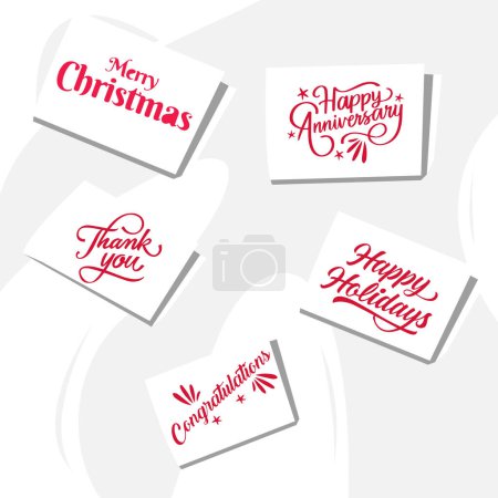 Ilustración de Conjunto de hermosas tarjetas de felicitación ilustraciones de texto. Feliz Navidad, gracias, felicitaciones, feliz día festivo, feliz cumpleaños. ilustraciones del conjunto de vectores. - Imagen libre de derechos