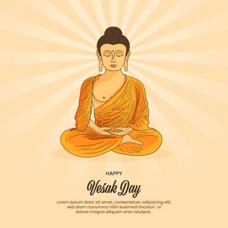 Téléchargez les illustrations : Vesak Day Concept créatif pour carte ou bannière. Vesak Day est un jour saint pour les bouddhistes. Joyeux Vesak Day avec Siddhartha Gautama Statue Design - en licence libre de droit