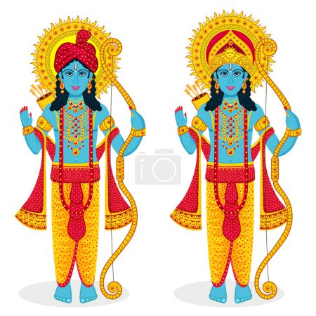 Vector Illustration Set de Lord Rama con turbante y corona sosteniendo el arco en su mano.