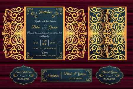 Illustration for Wedding invitation or greeting card with vintage ornament. Wedding invitation envelope mock-up for laser cutting. Vector illustration. - Royalty Free Image