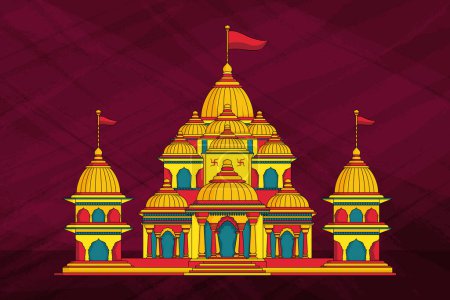 Téléchargez les illustrations : Temple hindou traditionnel avec drapeau rouge isolé. Temple hindou de style nord-indien. - en licence libre de droit