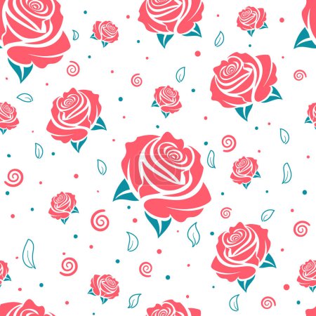 Ilustración de Patrón sin costura vectorial con flores de color rosa sobre el fondo blanco. - Imagen libre de derechos