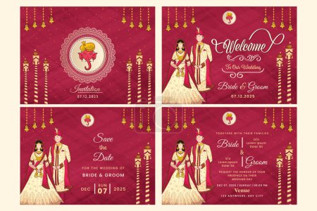 Wedding Invitation Template Layout With Indian Faceless Couple Image on Pink Background. Set of 3 Pages with Welcome wedding signature.