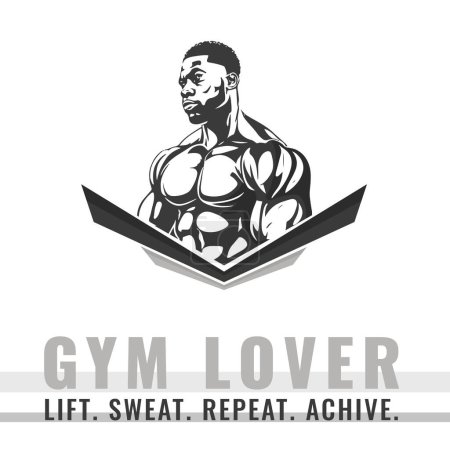Illustration for Bodybuilder silhouette black and grey icon on white background with text Gym Lover quotes. - Royalty Free Image