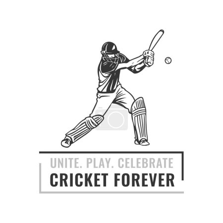 Illustration of batsman player playing cricket sports with text Unite, Play, Celeberate Cricket Forever