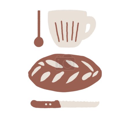 Illustration for Set of bread, knife and cup. Food hand-drawn vector illustration. Kitchen and cafe elements on the white background - Royalty Free Image