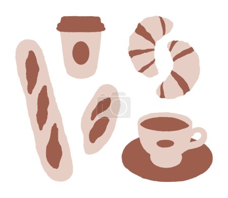 Ilustración de Pan, croissants y café. Café listo. Ilustración vectorial dibujada a mano aislada sobre fondo blanco - Imagen libre de derechos