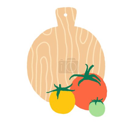 Illustration for Tomatoes and wooden cutting board. Colorful hand drawn tomatoes. Flat vector illustration isolated on a white background - Royalty Free Image