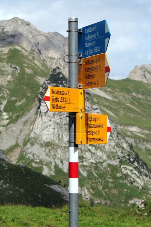 Photo for Hiking Sign to Meglisalp and other places in the alpstein, switzerland. Wanderlust. Appenzellerland. High quality photo - Royalty Free Image