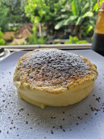 Very fluffy japanese soft pancake with chocolate and powdered sugar on top with beautiful garden in the backround. High quality photo
