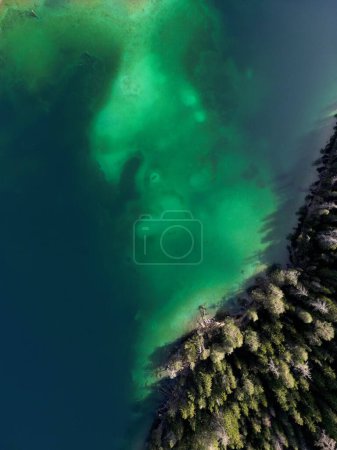Top Down Aerial Droneshot of Blindsee Lake in Germany Austria Tirol Turquoise Green Water. High quality photo