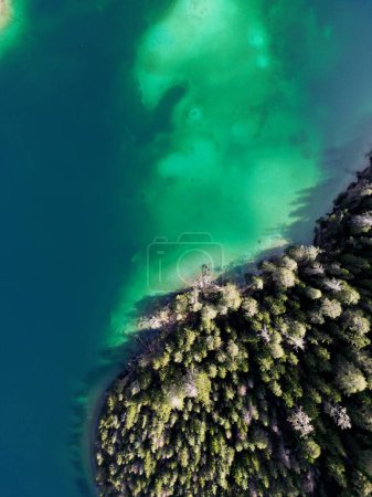 Top Down Aerial Droneshot of Blindsee Lake in Germany Austria Tirol. High quality photo