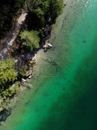 Top Down Aerial Droneshot of Blindsee Lake and Hiking Path in Germany Austria Tirol Turquoise Green Water. High quality photo